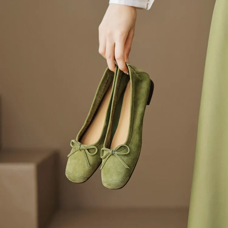 Ladies Round Toe Suede Bow Detail Flat Ballet Shoes