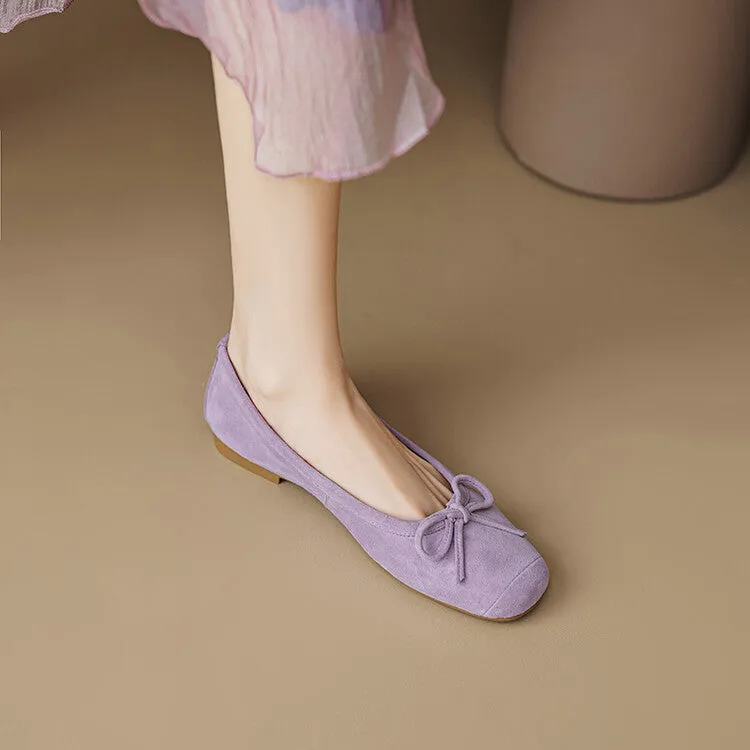 Ladies Round Toe Suede Bow Detail Flat Ballet Shoes
