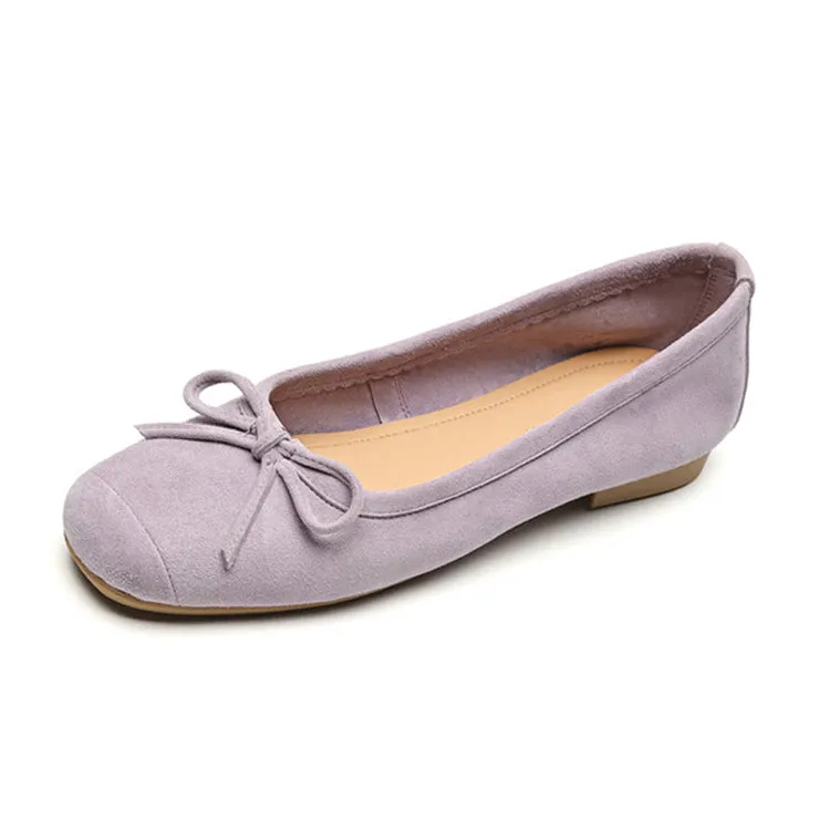 Ladies Round Toe Suede Bow Detail Flat Ballet Shoes