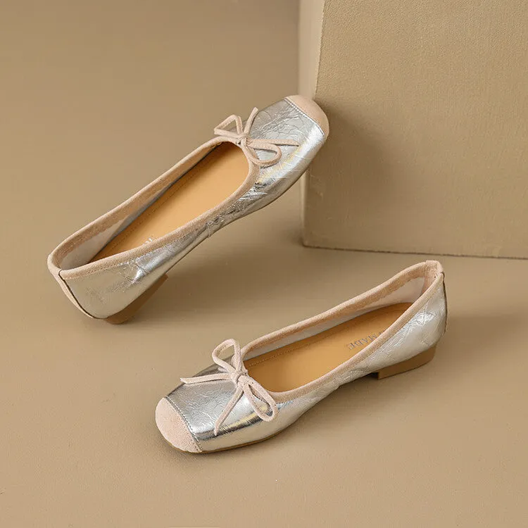 Ladies Round Toe Suede Bow Detail Flat Ballet Shoes