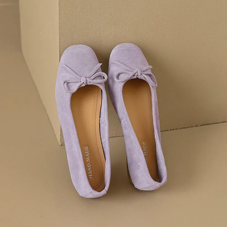 Ladies Round Toe Suede Bow Detail Flat Ballet Shoes
