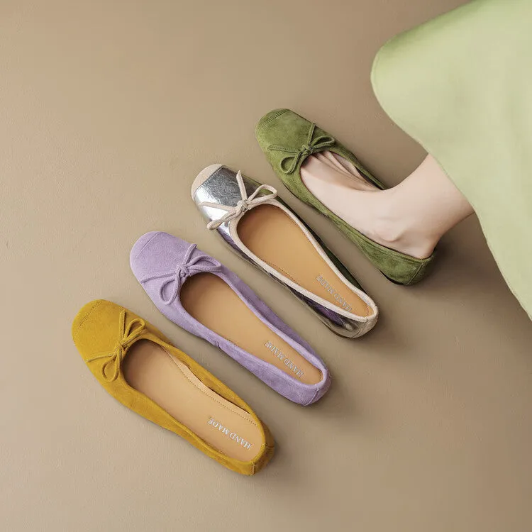Ladies Round Toe Suede Bow Detail Flat Ballet Shoes