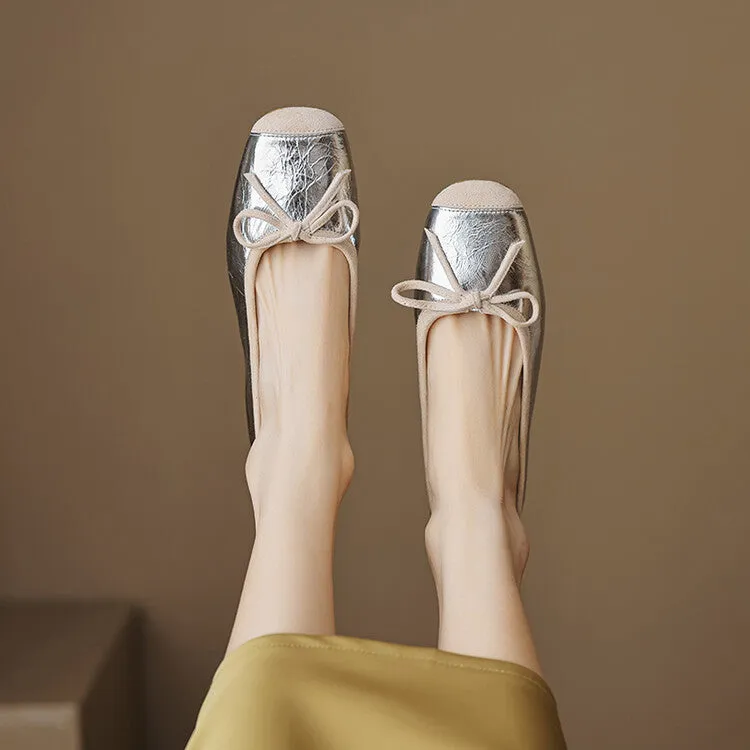 Ladies Round Toe Suede Bow Detail Flat Ballet Shoes