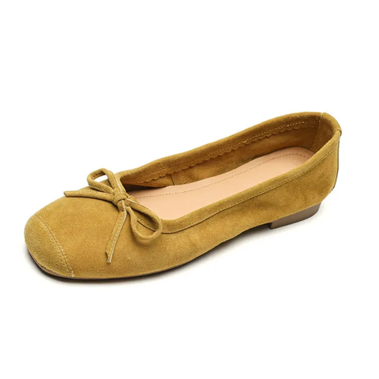 Ladies Round Toe Suede Bow Detail Flat Ballet Shoes