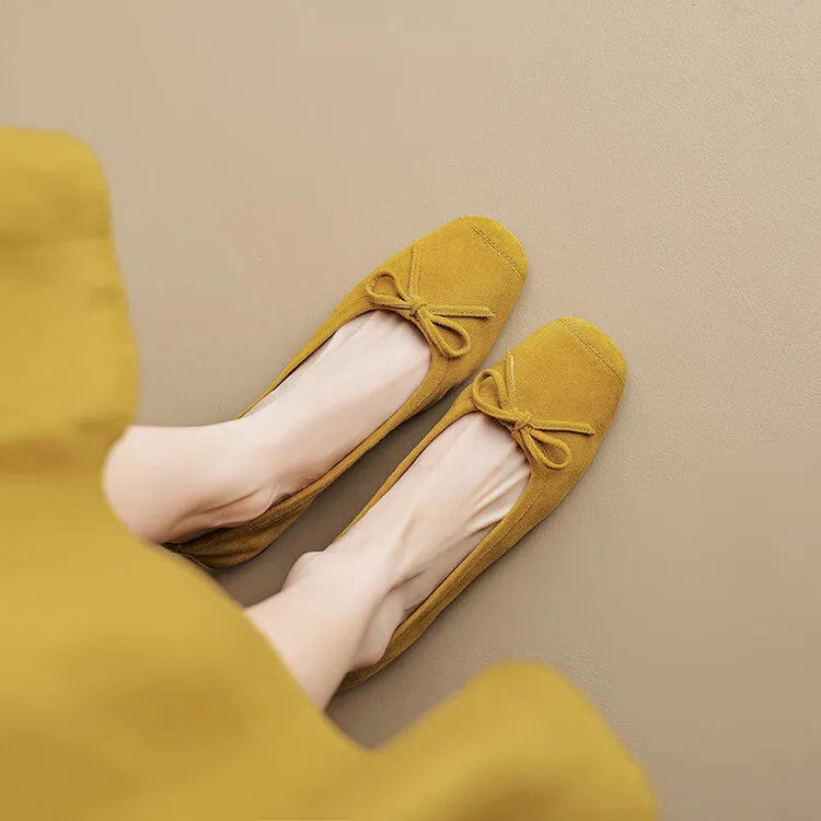 Ladies Round Toe Suede Bow Detail Flat Ballet Shoes