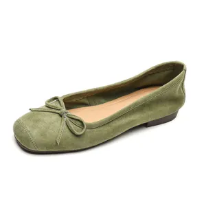 Ladies Round Toe Suede Bow Detail Flat Ballet Shoes