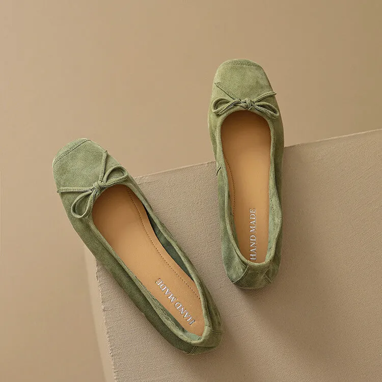 Ladies Round Toe Suede Bow Detail Flat Ballet Shoes