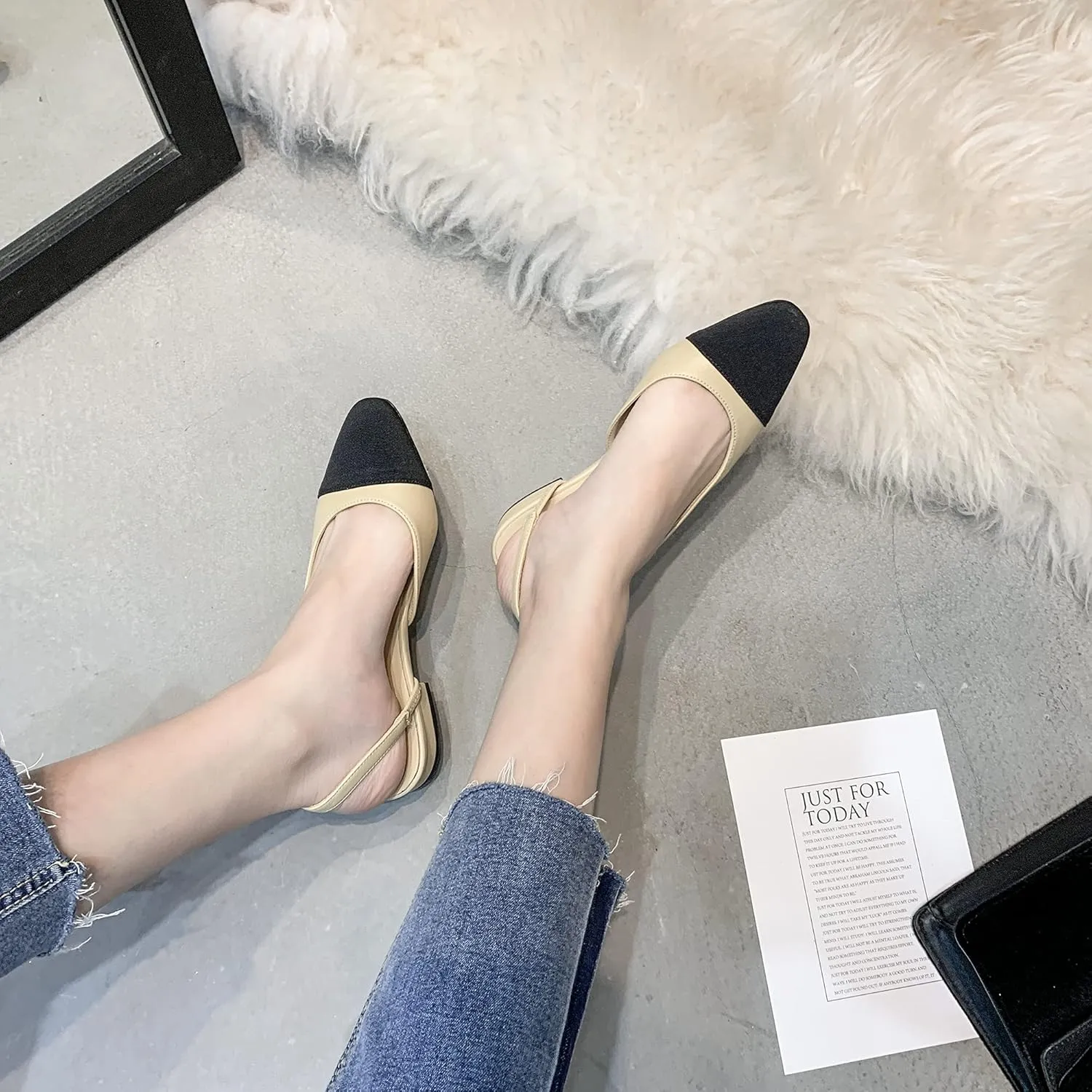 LEHOOR Chunky Heel Slingback Pumps Cap Toe Two Toned for Women, Mid Block Heel Almond Pointy Toe Sandals Quarter Strap Hollowed Backless D’Orsay Slip On Sandals Office Party Prom 5-13 M US