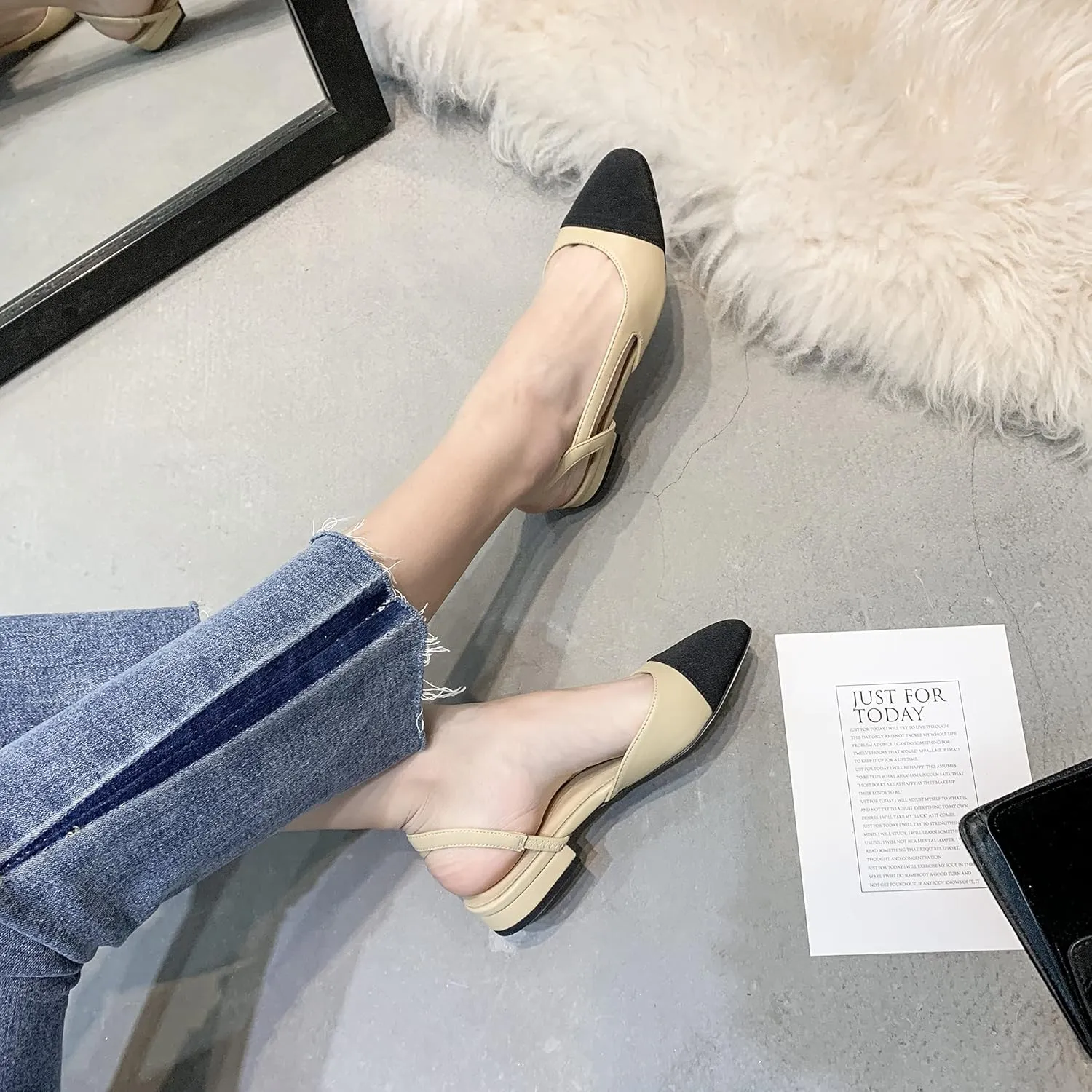 LEHOOR Chunky Heel Slingback Pumps Cap Toe Two Toned for Women, Mid Block Heel Almond Pointy Toe Sandals Quarter Strap Hollowed Backless D’Orsay Slip On Sandals Office Party Prom 5-13 M US