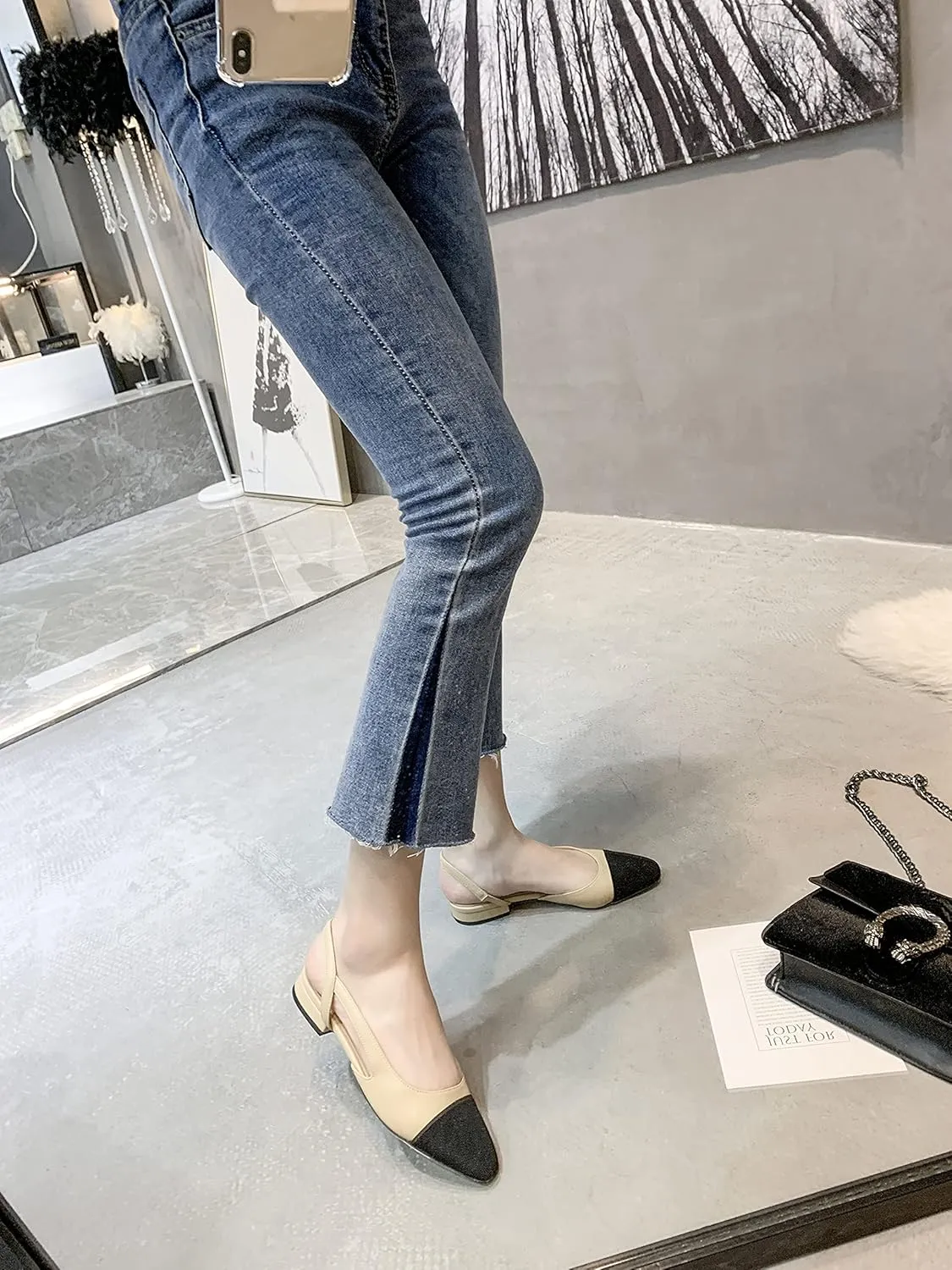 LEHOOR Chunky Heel Slingback Pumps Cap Toe Two Toned for Women, Mid Block Heel Almond Pointy Toe Sandals Quarter Strap Hollowed Backless D’Orsay Slip On Sandals Office Party Prom 5-13 M US
