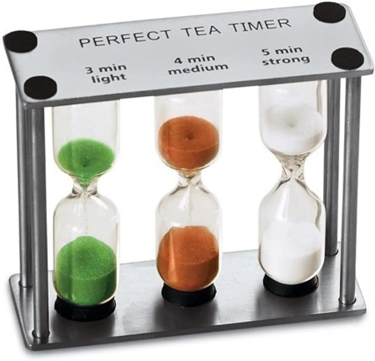 Lily's Home 3-in-1 Perfect Tea Timer, Includes 3, 4, and 5 Minute Sand Hourglass Timers, Use for Making Tea or Keeping Time Around The Kitchen, Brushed Stainless Steel Frame (3.75" Tall)