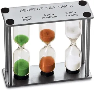 Lily's Home 3-in-1 Perfect Tea Timer, Includes 3, 4, and 5 Minute Sand Hourglass Timers, Use for Making Tea or Keeping Time Around The Kitchen, Brushed Stainless Steel Frame (3.75" Tall)