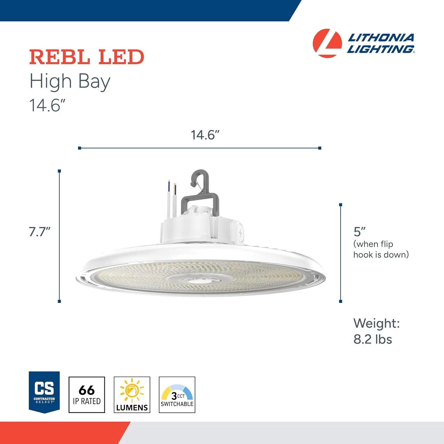 Lithonia Lighting REBL Round High Bay LED Light, 24,000/27,000/30,000 Adjustable Lumen Output, 3500K/4000K/5000K Switchable White Color Temperature, Work Light, UVOLT 120-347V, 14.6" x 7.5", White