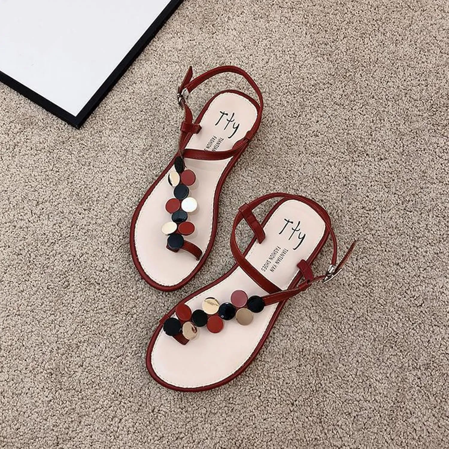 Lossarye Women's Bohemia Toe Ring Flat Sandals Adjustable Ankle Buckle Flip Flop Casual Walking Sandals Dressy Summer Beach Sandals
