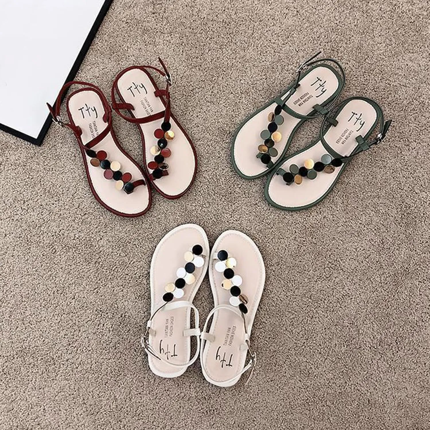 Lossarye Women's Bohemia Toe Ring Flat Sandals Adjustable Ankle Buckle Flip Flop Casual Walking Sandals Dressy Summer Beach Sandals
