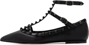 Lymphvity Women's Closed Pointed Toe Studs T-Strap Flat Shoes Fashion Adjustable Ankle Strap Rivet Gladiator Flats Dress Shoes for Work Party
