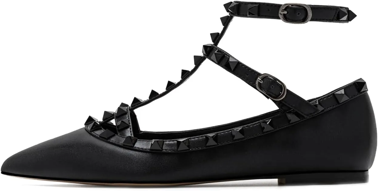 Lymphvity Women's Closed Pointed Toe Studs T-Strap Flat Shoes Fashion Adjustable Ankle Strap Rivet Gladiator Flats Dress Shoes for Work Party