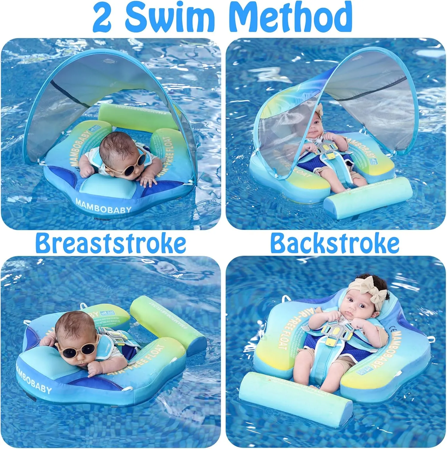 Mambobaby Float Add Tail Baby/Infant Swim Float with Canopy, Non-Inflatable Solid Upgrade Soft Waterproof Skin-Friendly Leather Material (Standard Edition Gradient)