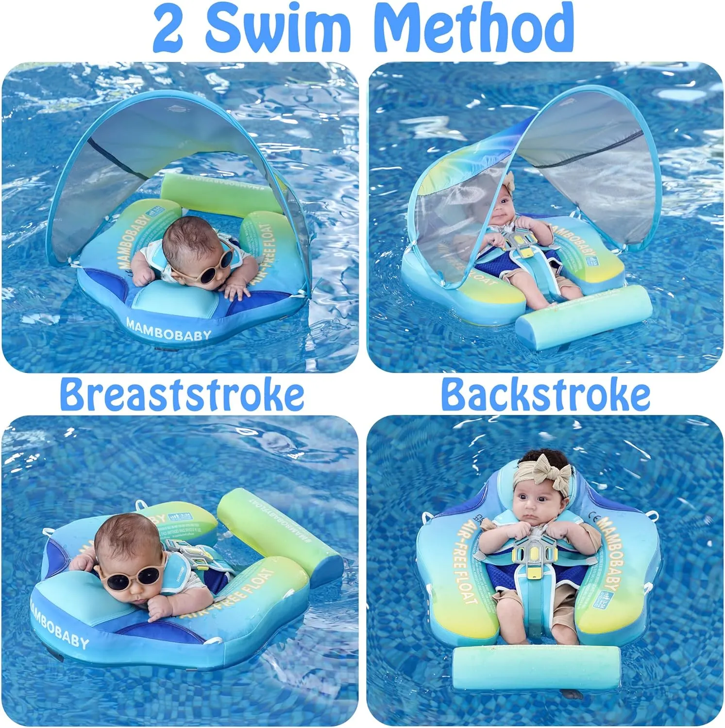 Mambobaby Float with Canopy Baby Float Non Inflatable Baby Safety Float for Swimming Pool Float Upgraded Tail Soft Skin-Friendly Material for Toddler Infant 3-24 Months, Rainbow Green