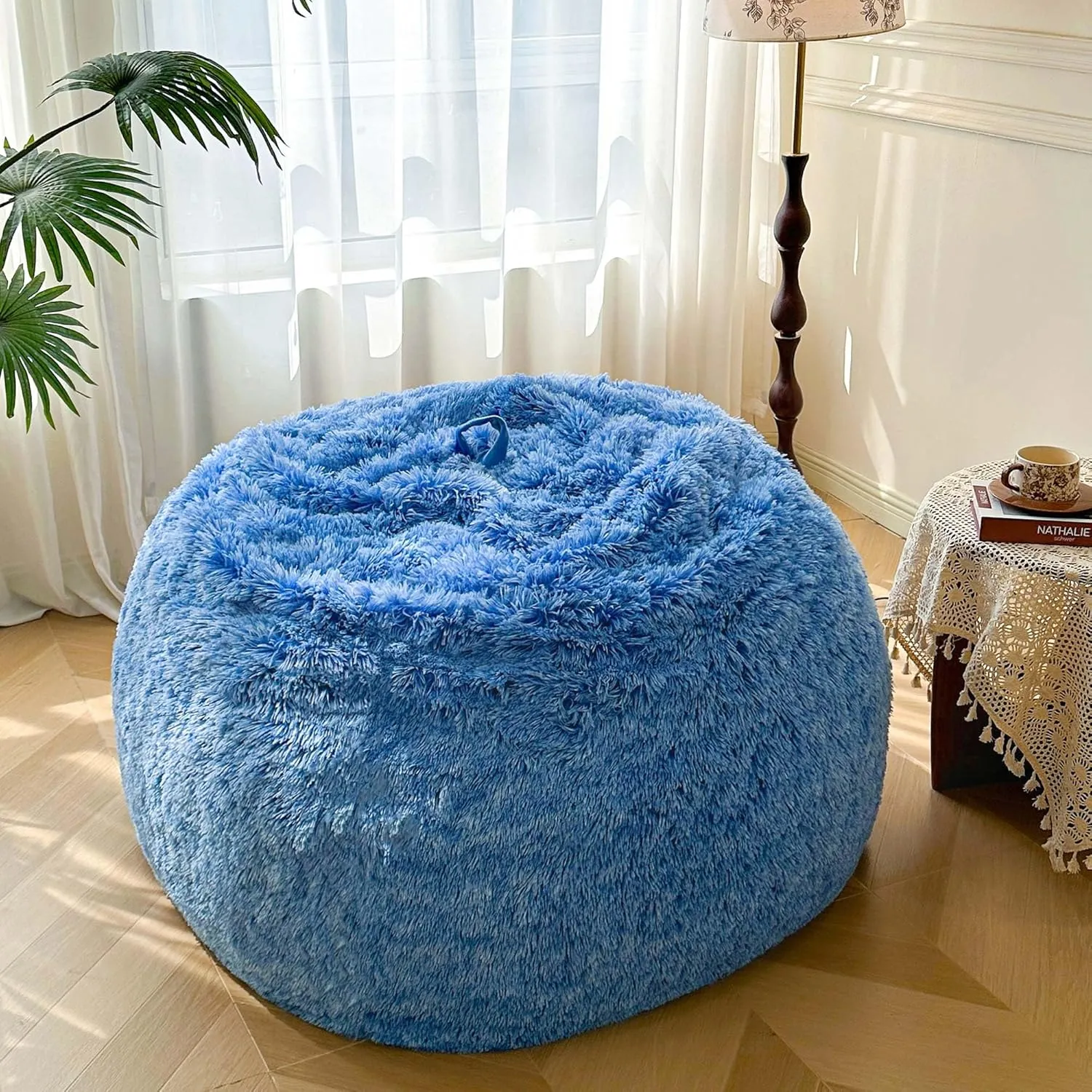 MEGO 5FT Fluffy Faux Fur Giant Bean Bag Chair Cover (No Filler), Cozy Plush Stuffed Animal Storage Beanbag, Ultra-Soft Anti-slip Lazy Sofa Bed Cover Home Decor Gaming Living Room Bedroom, Ombre Blue