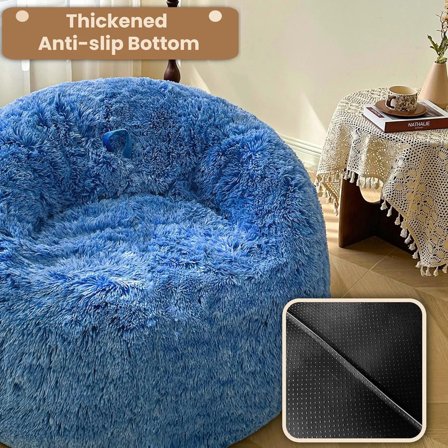 MEGO 5FT Fluffy Faux Fur Giant Bean Bag Chair Cover (No Filler), Cozy Plush Stuffed Animal Storage Beanbag, Ultra-Soft Anti-slip Lazy Sofa Bed Cover Home Decor Gaming Living Room Bedroom, Ombre Blue