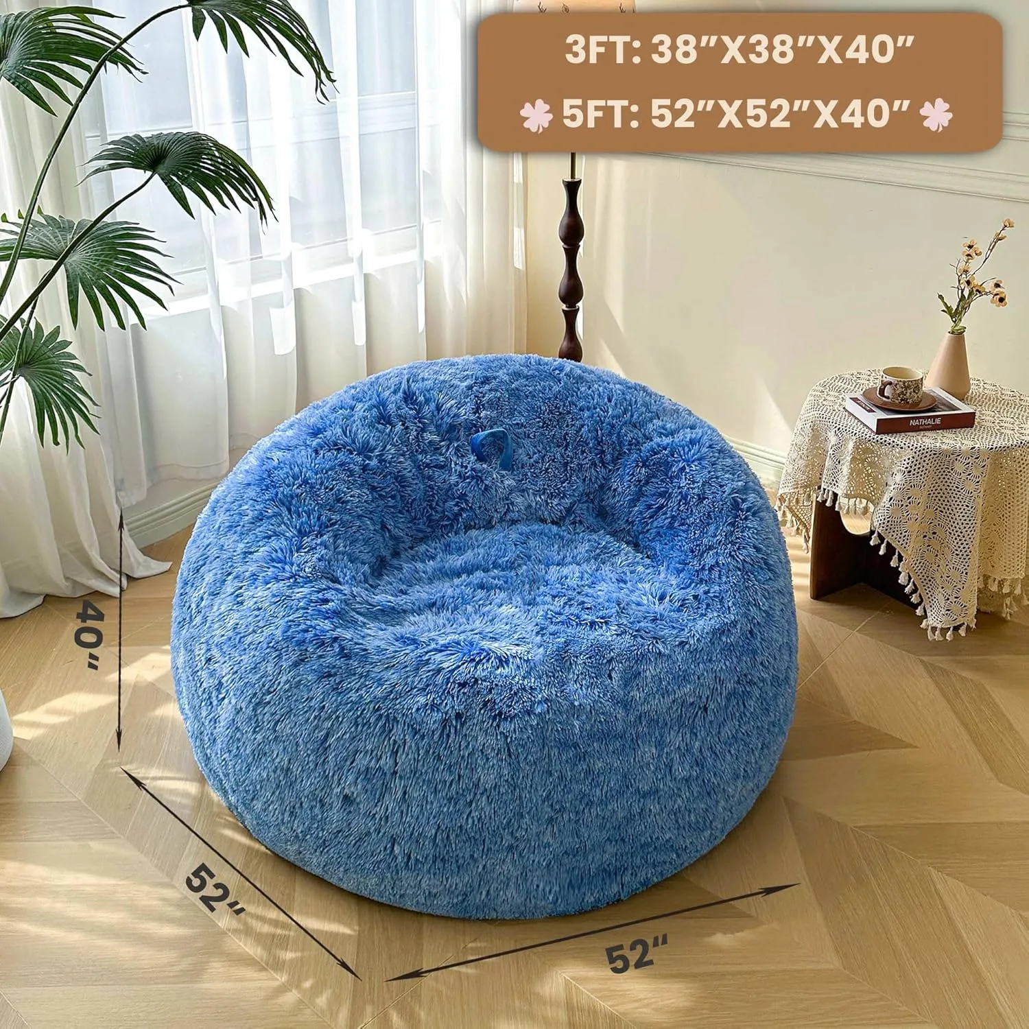 MEGO 5FT Fluffy Faux Fur Giant Bean Bag Chair Cover (No Filler), Cozy Plush Stuffed Animal Storage Beanbag, Ultra-Soft Anti-slip Lazy Sofa Bed Cover Home Decor Gaming Living Room Bedroom, Ombre Blue
