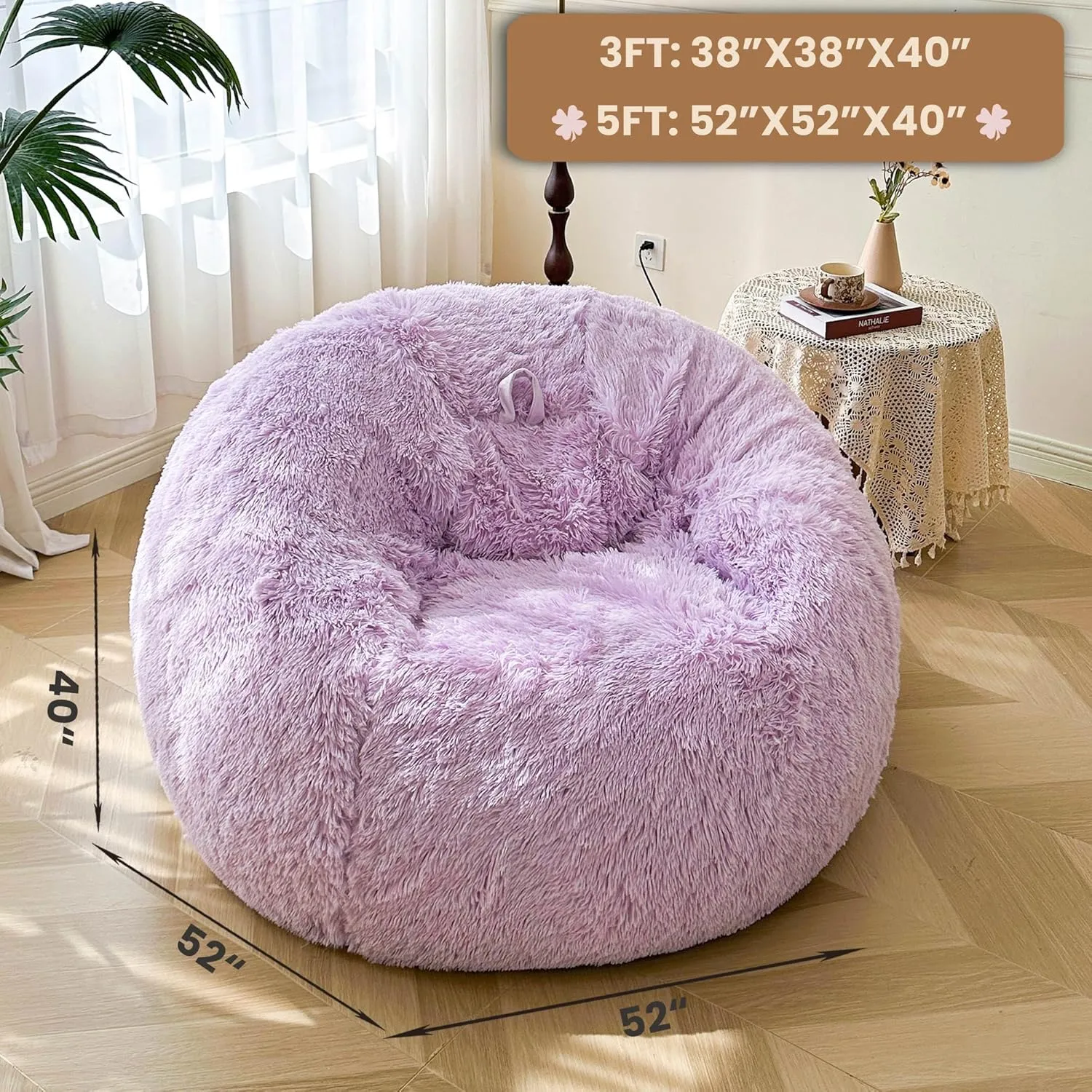 MEGO 5FT Giant Faux Fur Comfy Bean Bag Chair Cover (No Filler), Oversized Soft Fluffy Lazy Sofa Bed Cover Light Purple, Anti-Slip Fuzzy Beanbag Cover for Adults Kids Girls Teens, Lavender