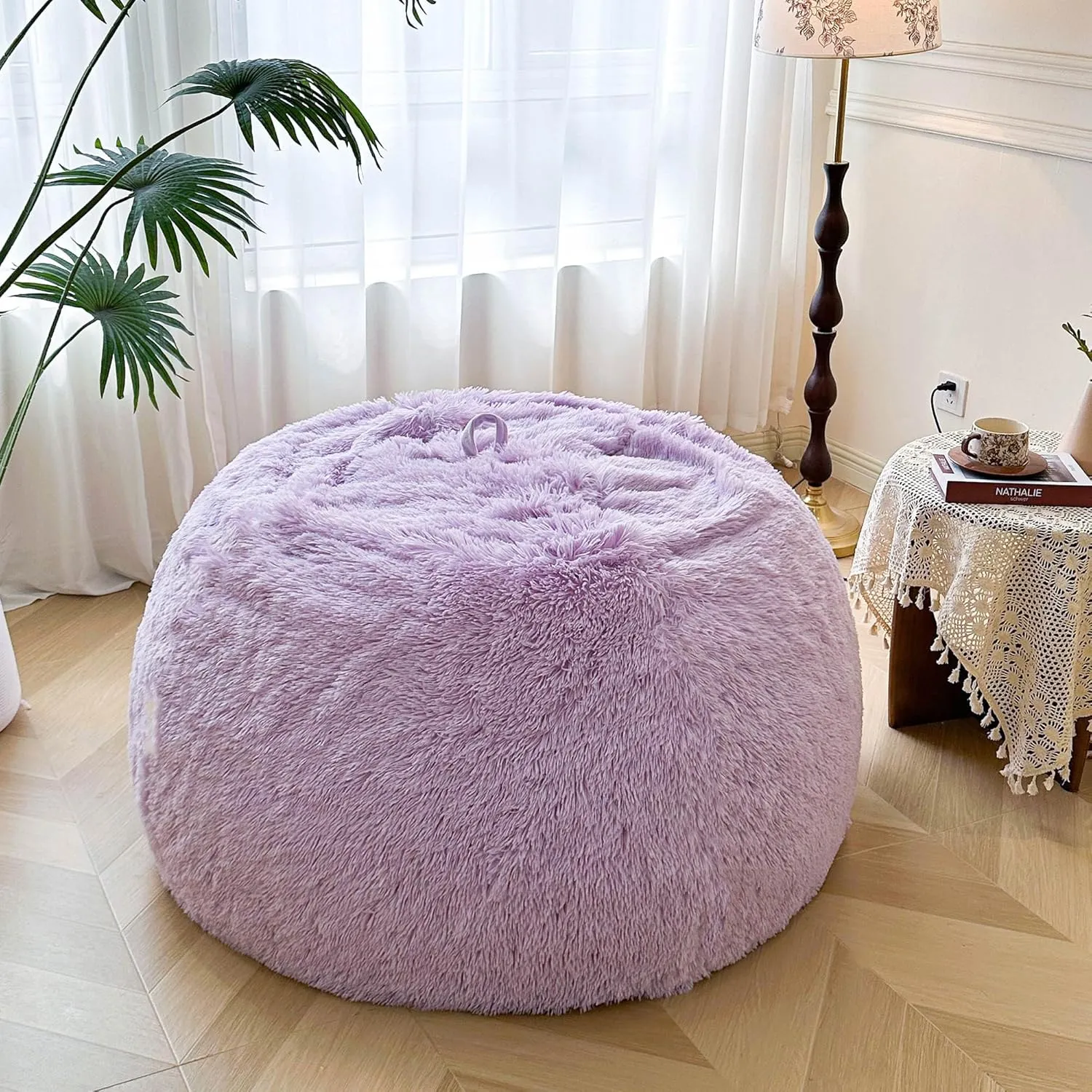 MEGO 5FT Giant Faux Fur Comfy Bean Bag Chair Cover (No Filler), Oversized Soft Fluffy Lazy Sofa Bed Cover Light Purple, Anti-Slip Fuzzy Beanbag Cover for Adults Kids Girls Teens, Lavender