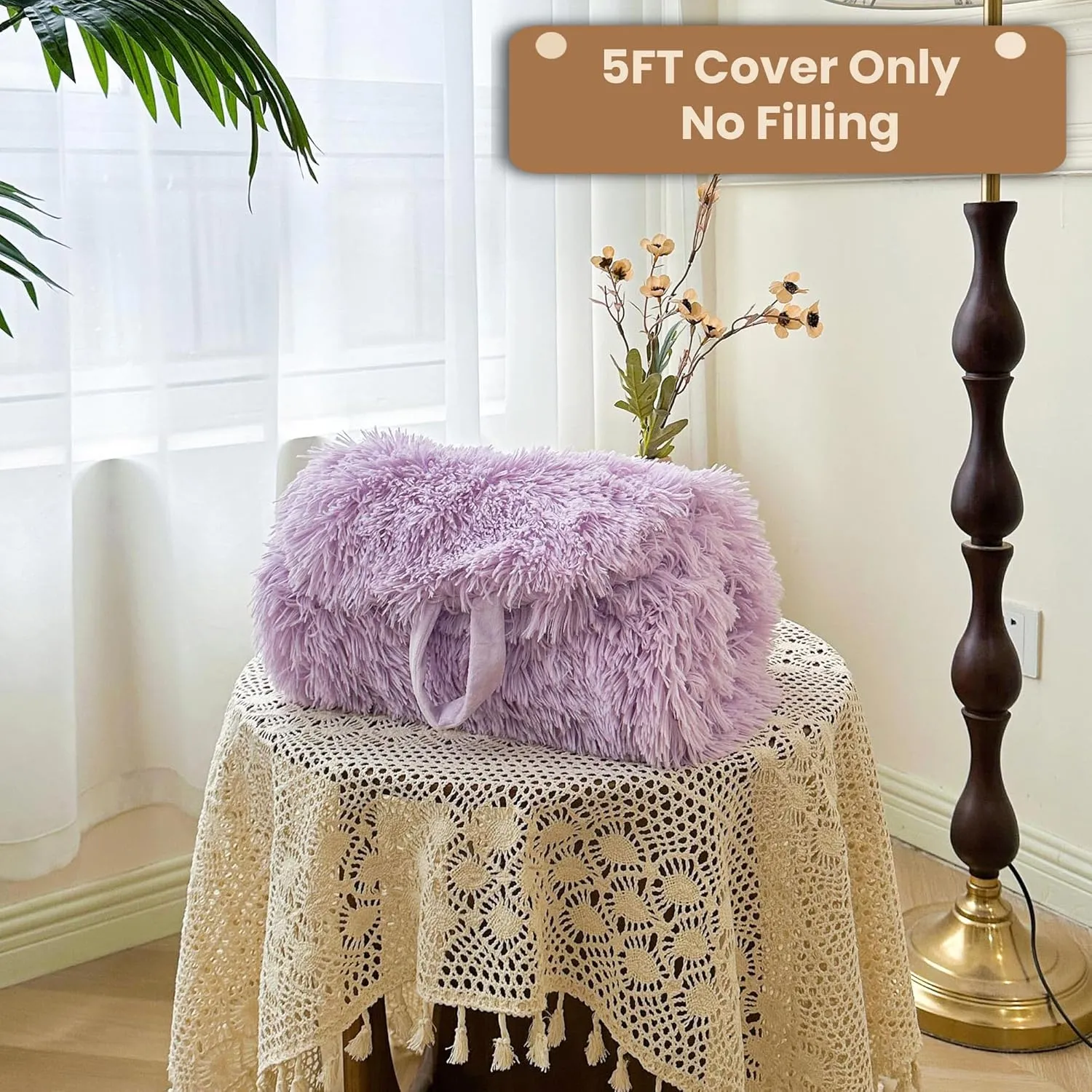 MEGO 5FT Giant Faux Fur Comfy Bean Bag Chair Cover (No Filler), Oversized Soft Fluffy Lazy Sofa Bed Cover Light Purple, Anti-Slip Fuzzy Beanbag Cover for Adults Kids Girls Teens, Lavender