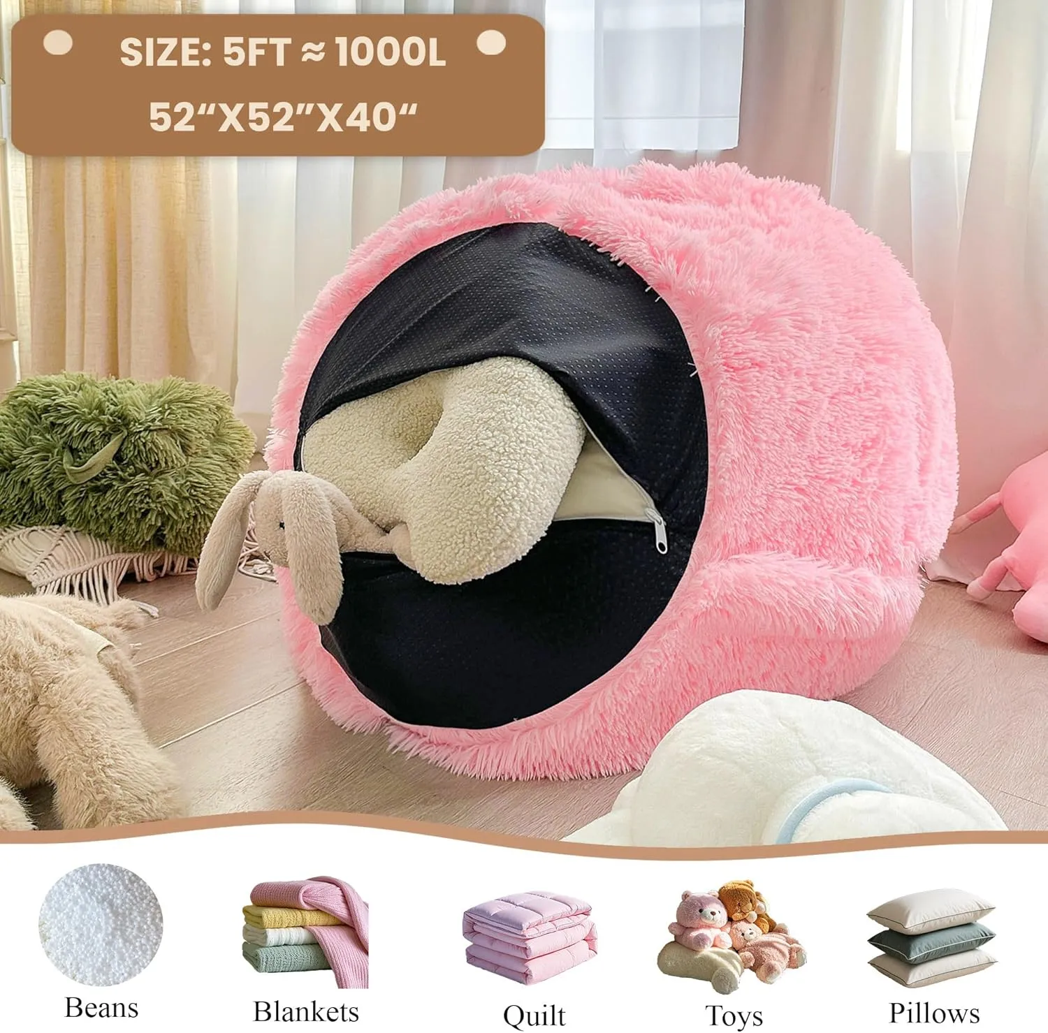 MEGO 5FT Giant Faux Fur Comfy Bean Bag Chair Cover (No Filler), Oversized Soft Fluffy Lazy Sofa Bed Cover Light Purple, Anti-Slip Fuzzy Beanbag Cover for Adults Kids Girls Teens, Lavender