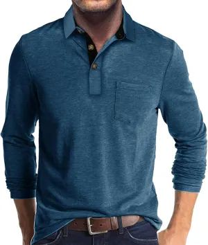 Men Fall Winter Polo Shirts Long Sleeved Flip Collar Tops Pocket Button V Neck T Shirts Golf Casual Sports Tops