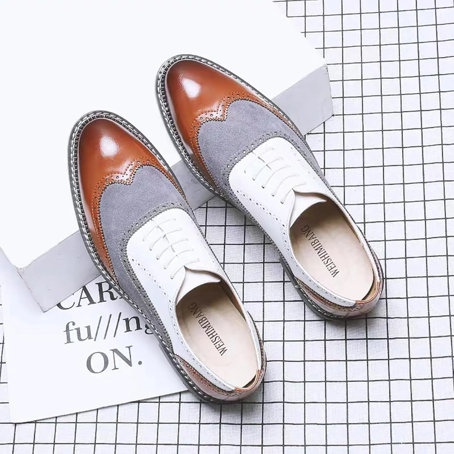 Men's Wingtip Two Tone Patchwork Brogue Oxfords Shoes: Fashion Classic Round-Toe Lace Up Low Top Leather Dress Shoes
