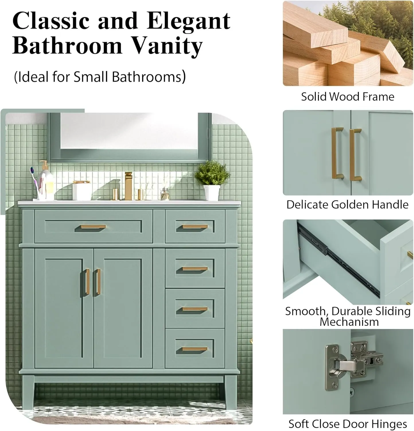 Merax 36 inch Bathroom Vanity with Sink, Modern Wood Bathroom Cabinet in Green, Bathroom Vanity Set with Tip-Out Drawer, 4 Drawers & Double Doors,Undermount Ceramic Basin
