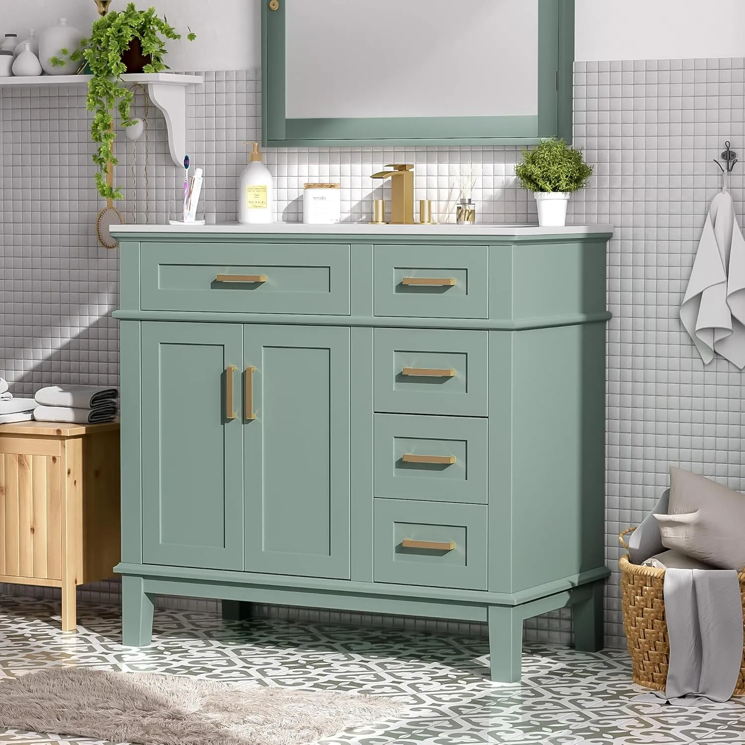 Merax 36 inch Bathroom Vanity with Sink, Modern Wood Bathroom Cabinet in Green, Bathroom Vanity Set with Tip-Out Drawer, 4 Drawers & Double Doors,Undermount Ceramic Basin