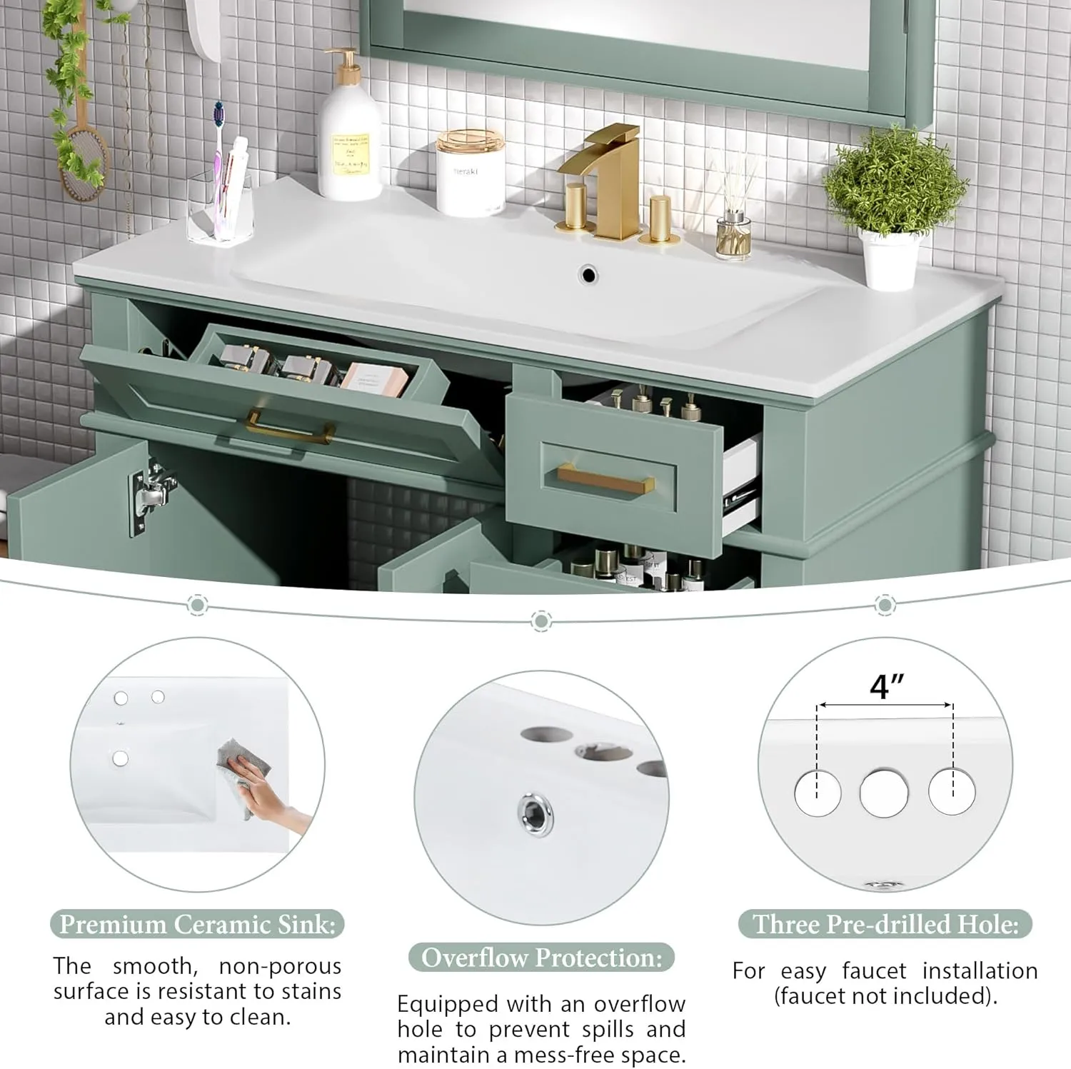 Merax 36 inch Bathroom Vanity with Sink, Modern Wood Bathroom Cabinet in Green, Bathroom Vanity Set with Tip-Out Drawer, 4 Drawers & Double Doors,Undermount Ceramic Basin