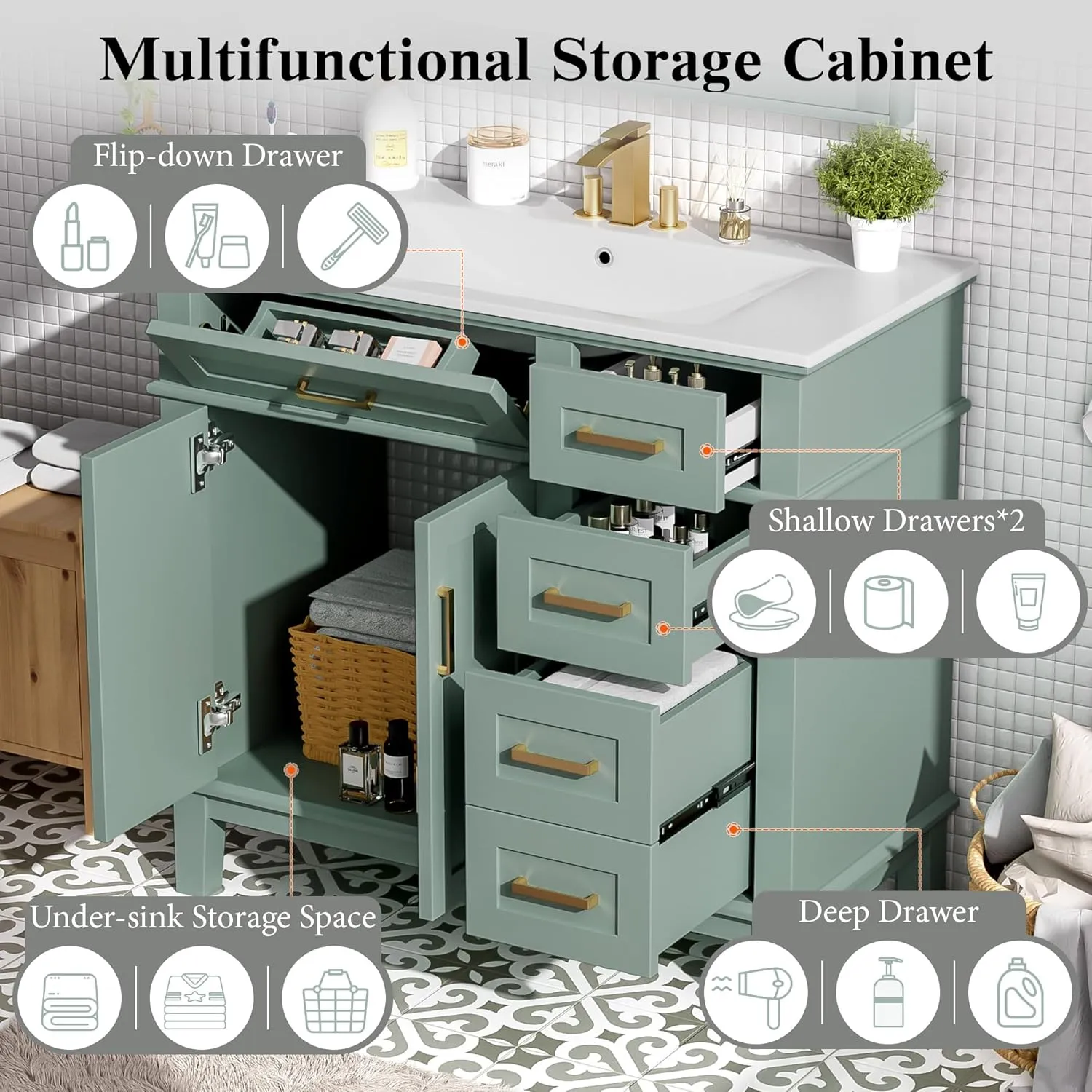 Merax 36 inch Bathroom Vanity with Sink, Modern Wood Bathroom Cabinet in Green, Bathroom Vanity Set with Tip-Out Drawer, 4 Drawers & Double Doors,Undermount Ceramic Basin