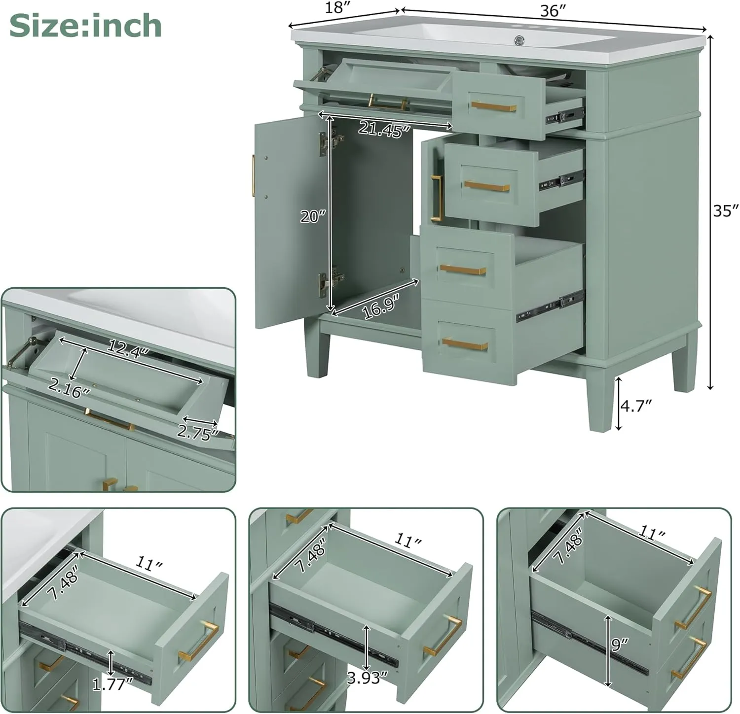 Merax 36 inch Bathroom Vanity with Sink, Modern Wood Bathroom Cabinet in Green, Bathroom Vanity Set with Tip-Out Drawer, 4 Drawers & Double Doors,Undermount Ceramic Basin