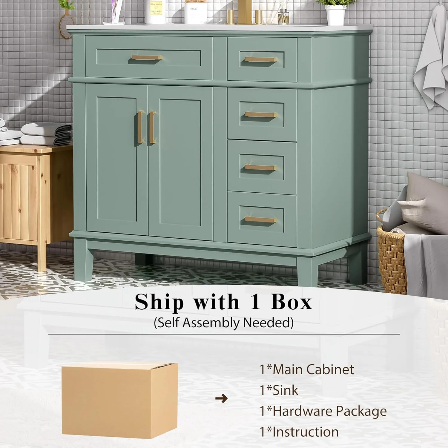 Merax 36 inch Bathroom Vanity with Sink, Modern Wood Bathroom Cabinet in Green, Bathroom Vanity Set with Tip-Out Drawer, 4 Drawers & Double Doors,Undermount Ceramic Basin