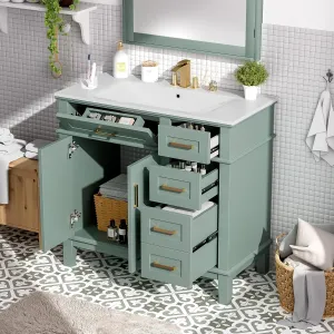 Merax 36 inch Bathroom Vanity with Sink, Modern Wood Bathroom Cabinet in Green, Bathroom Vanity Set with Tip-Out Drawer, 4 Drawers & Double Doors,Undermount Ceramic Basin