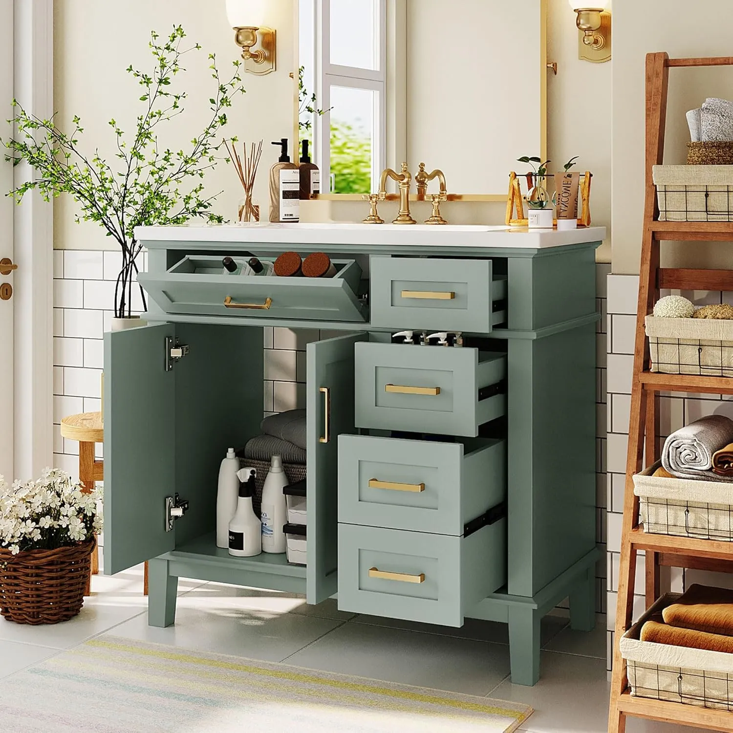 Merax 36 inch Bathroom Vanity with Sink, Modern Wood Bathroom Cabinet in Green, Bathroom Vanity Set with Tip-Out Drawer, 4 Drawers & Double Doors,Undermount Ceramic Basin