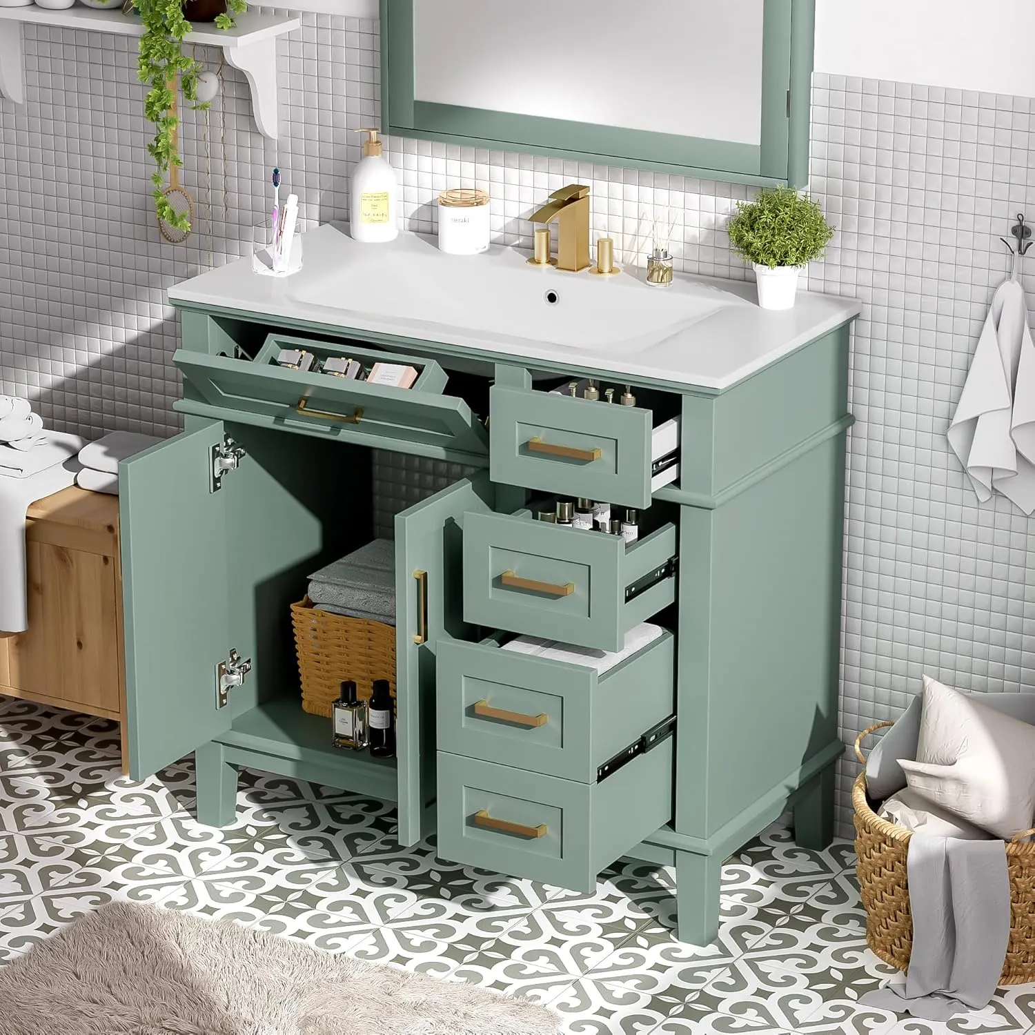 Merax 36 inch Bathroom Vanity with Sink, Modern Wood Bathroom Cabinet in Green, Bathroom Vanity Set with Tip-Out Drawer, 4 Drawers & Double Doors,Undermount Ceramic Basin