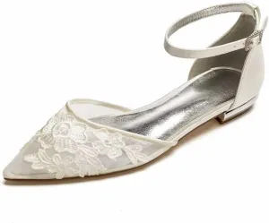 Mesh Appliques Wedding Flats for Bride Pointed Toe Tie up Bridesmaids Shoes
