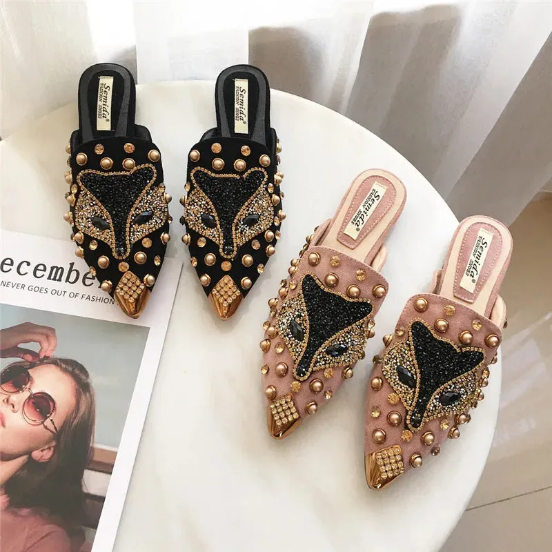 Metal Studs Crystal Pointed Toe Mule Shoes