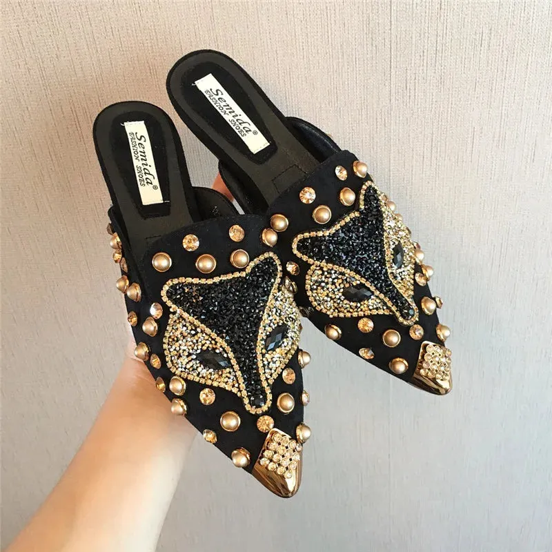 Metal Studs Crystal Pointed Toe Mule Shoes