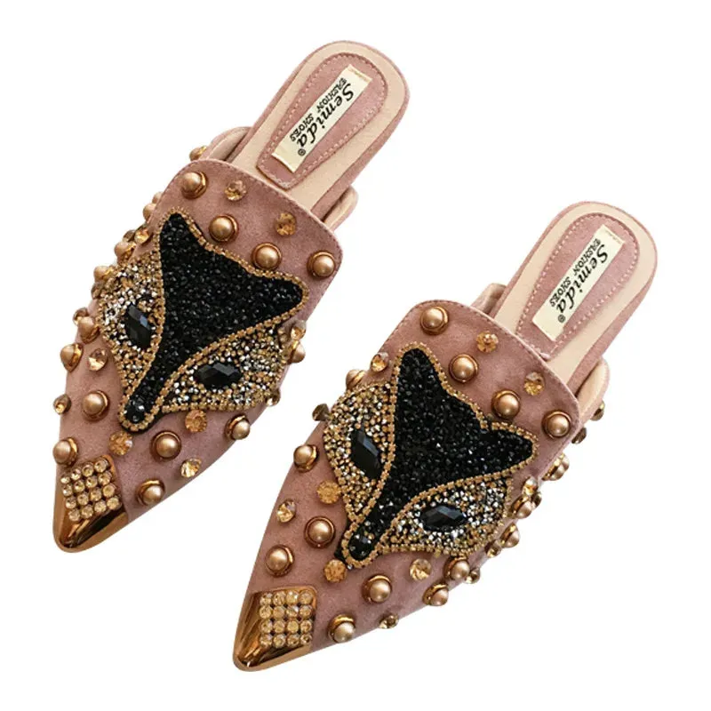 Metal Studs Crystal Pointed Toe Mule Shoes