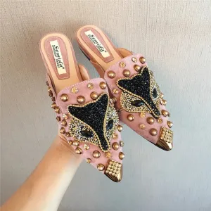 Metal Studs Crystal Pointed Toe Mule Shoes