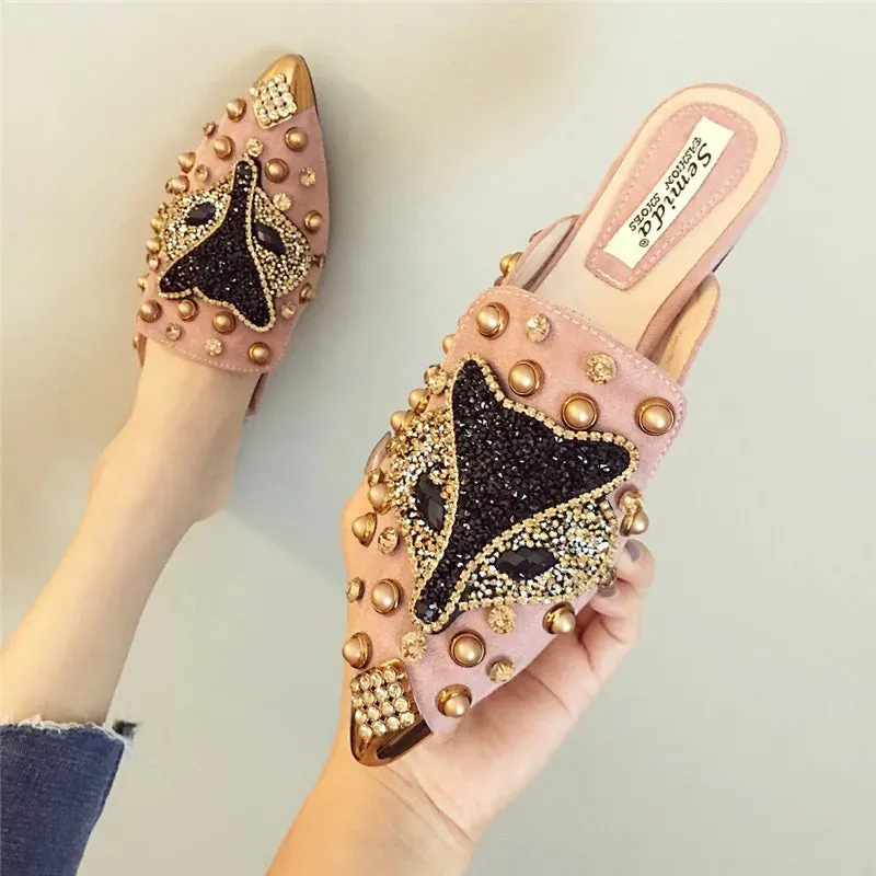 Metal Studs Crystal Pointed Toe Mule Shoes