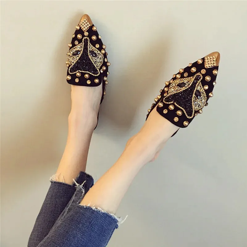 Metal Studs Crystal Pointed Toe Mule Shoes