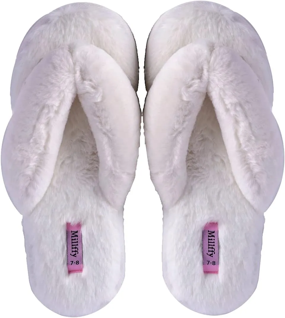Millffy Fuzzy Fluffy Open Toe Slippers for Summer Warm Comfy flip Flop Slippers for Women Slip on