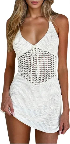 Milumia Women's Tie Backless Halter Crochet Dress Hollow Out Swimsuit Coverups Beachwear